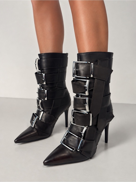 Azalea Wang Shoes - Alcetas Chocolate Brown Buckle Strap Pointed Toe Stiletto Ankle Boots NIB